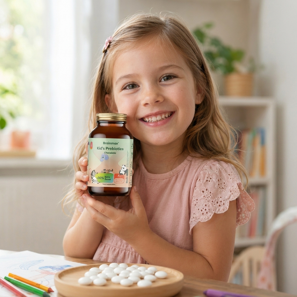 BrainMax Kid’s Probiotics Chocolate – dítě drží produkt
